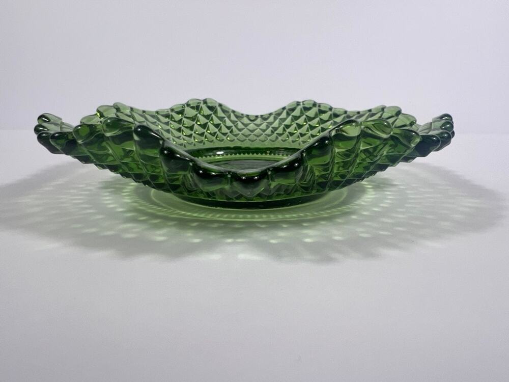 Vintage Green Pressed Glass Ruffled Edge Dish Starburst Center Diamond Point Dec